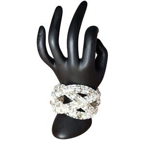 Women's White Silver Braided Wide Stretch Cuff Bracelet Coastal Beach Iridescent